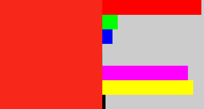 Hex color #f7271a - vermillion