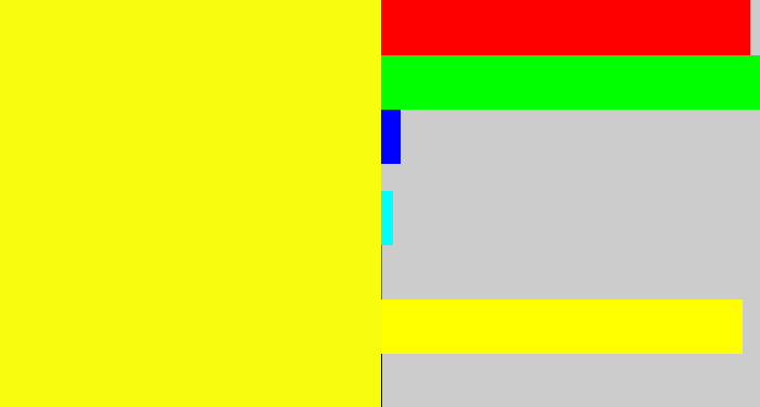 Hex color #f7fe0d - yellow