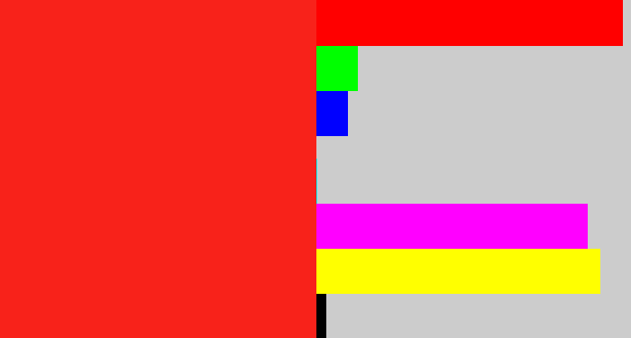 Hex color #f8221a - vermillion