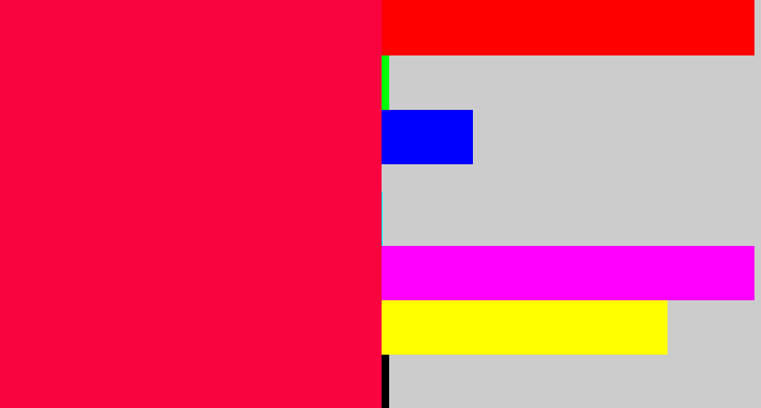 Hex color #f9043e - neon red
