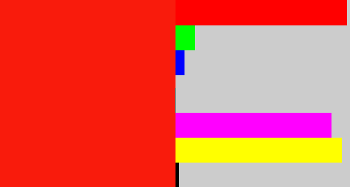 Hex color #f91b0c - vermillion