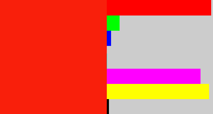Hex color #f91f0b - vermillion