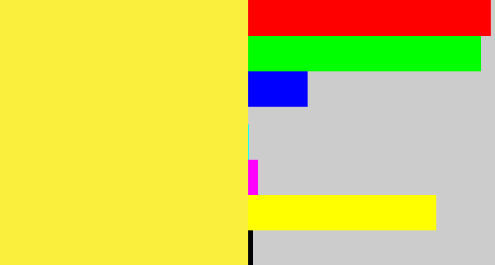 Hex color #f9ef3c - off yellow