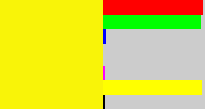 Hex color #f9f408 - bright yellow