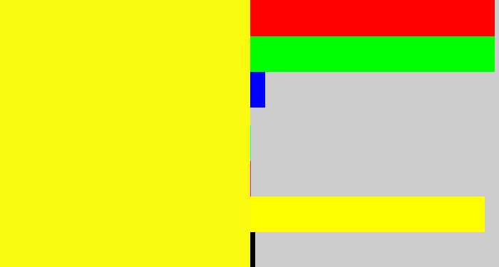 Hex color #f9fa0f - yellow