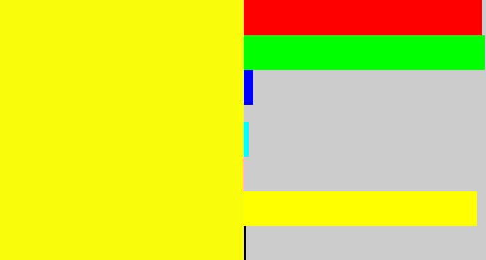 Hex color #f9fd0b - yellow