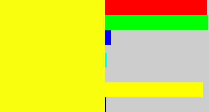Hex color #f9fd0f - yellow