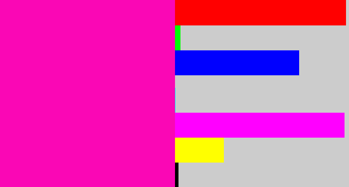 Hex color #fa07b5 - bright pink
