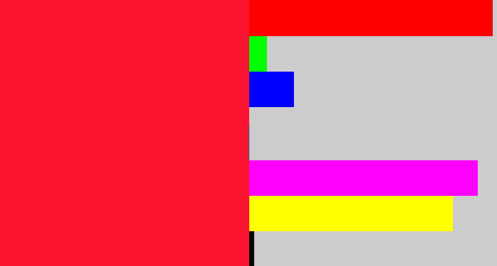 Hex color #fa132e - neon red
