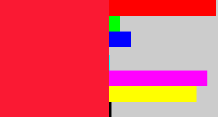 Hex color #fa1933 - neon red