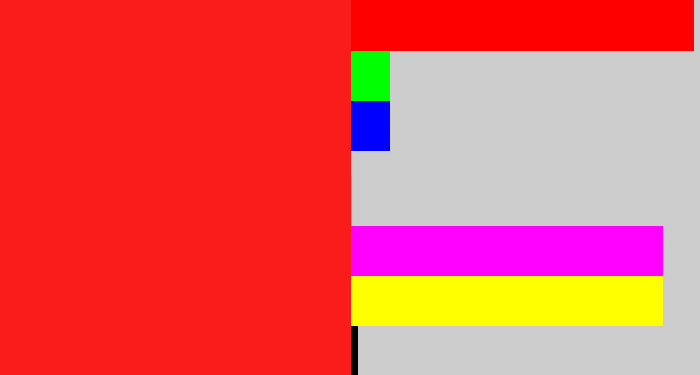 Hex color #fa1b1b - vermillion