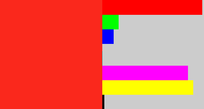 Hex color #fa281c - vermillion