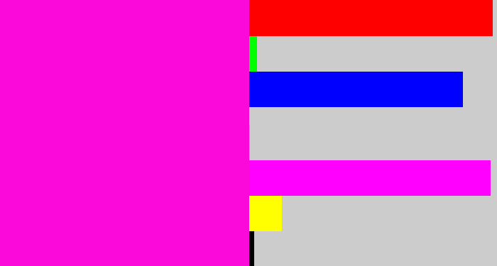 Hex color #fb08db - bright magenta