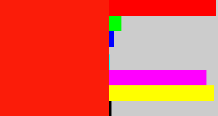 Hex color #fb1c09 - vermillion