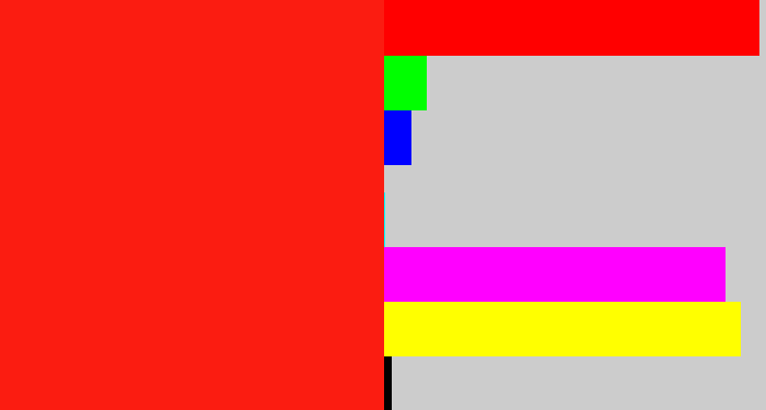 Hex color #fb1c11 - vermillion