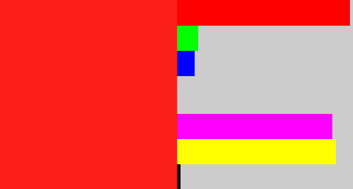 Hex color #fb1e19 - vermillion