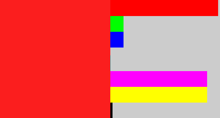 Hex color #fb1e1e - vermillion