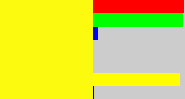 Hex color #fcfb0f - yellow
