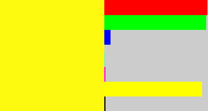 Hex color #fdfa0f - yellow