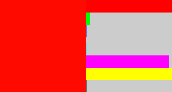 Hex color #fe0a00 - fire engine red