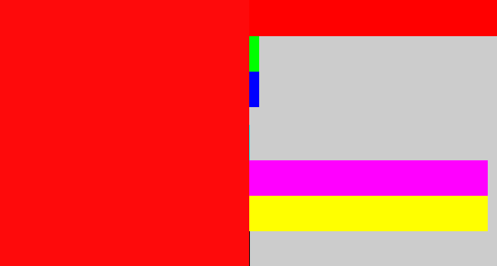 Hex color #fe0a0b - bright red