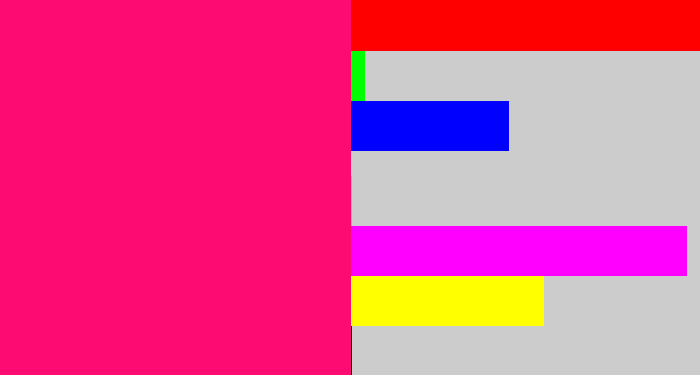 Hex color #fe0a73 - strong pink