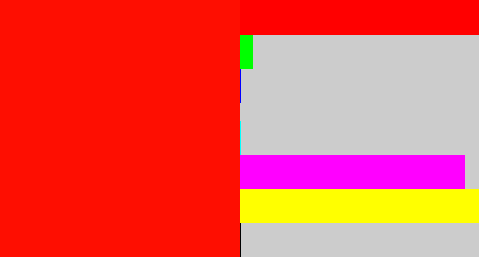 Hex color #fe0e01 - fire engine red