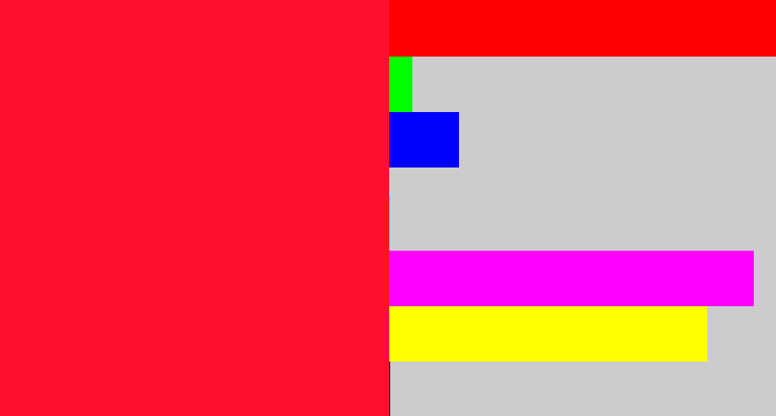Hex color #fe102e - neon red