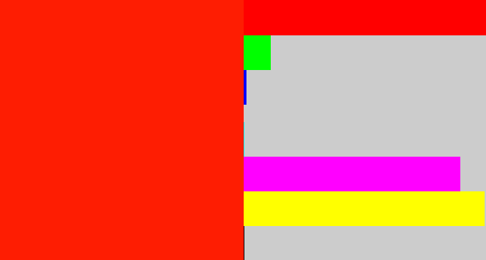 Hex color #fe1d02 - tomato red