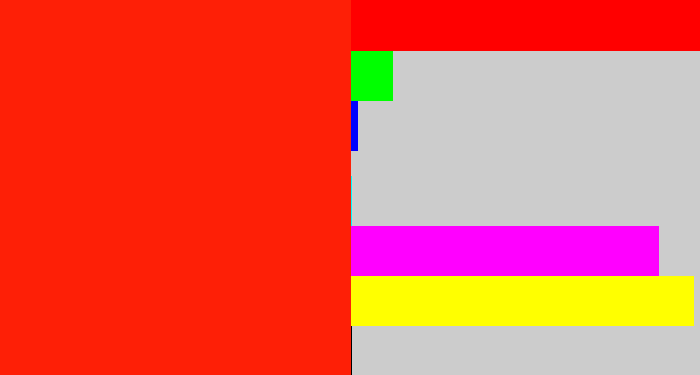 Hex color #fe1f06 - vermillion