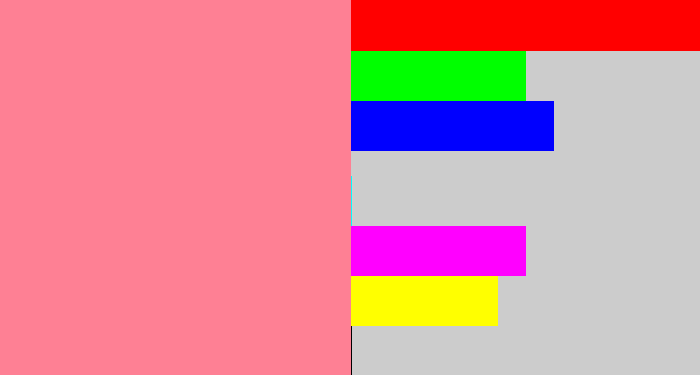 Hex color #fe8094 - blush pink