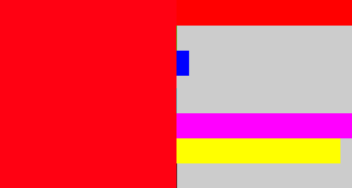 Hex color #ff0112 - bright red