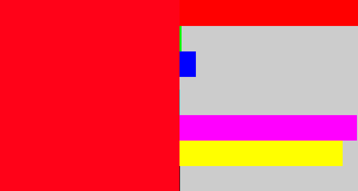 Hex color #ff0218 - bright red