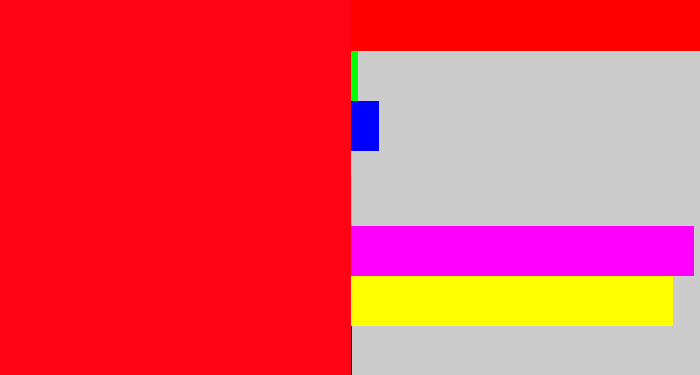 Hex color #ff0414 - bright red