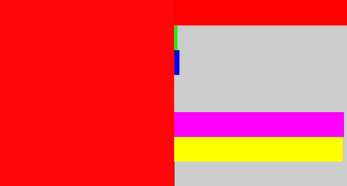 Hex color #ff0608 - bright red