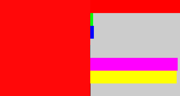 Hex color #ff0809 - bright red