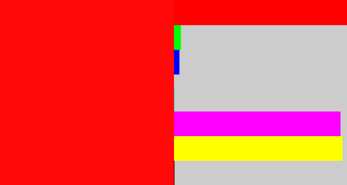 Hex color #ff0a08 - bright red