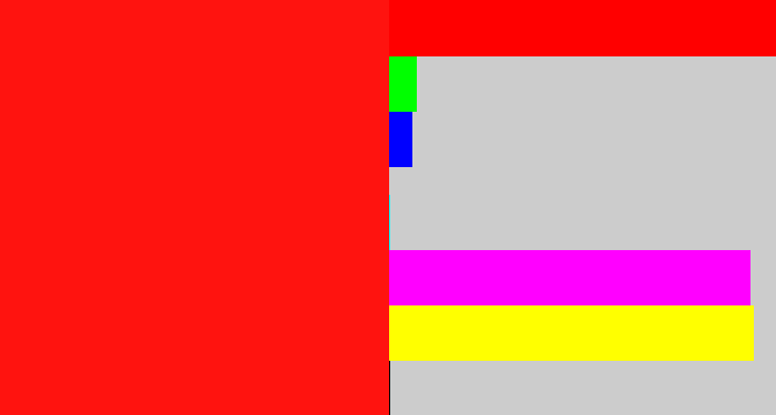 Hex color #ff130f - bright red