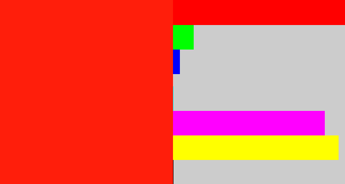 Hex color #ff1e0b - vermillion