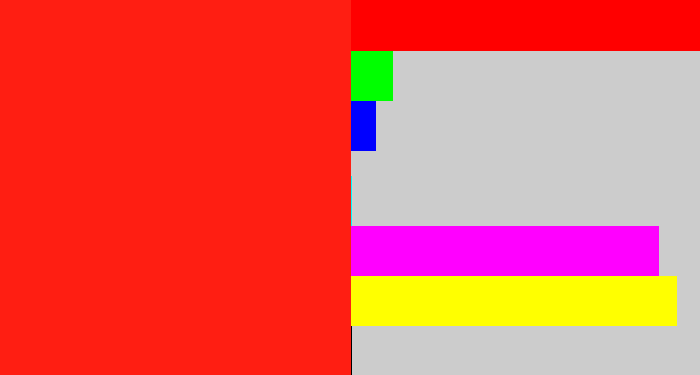 Hex color #ff1e12 - vermillion